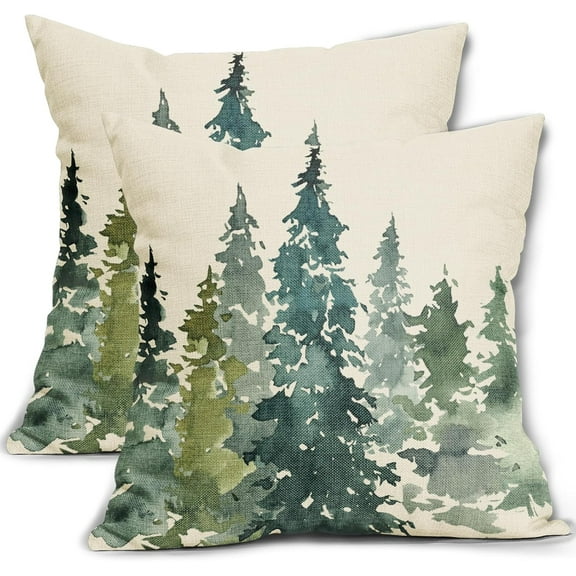 Watercolor Tree Pillow Covers 18x18 Set of 2 Green Teal Forest Rustic Nature Themed Decorative Throw Pillows Winter Christmas Outdoor Farmhouse Linen Cushion Case Decor for Sofa Couch Bed