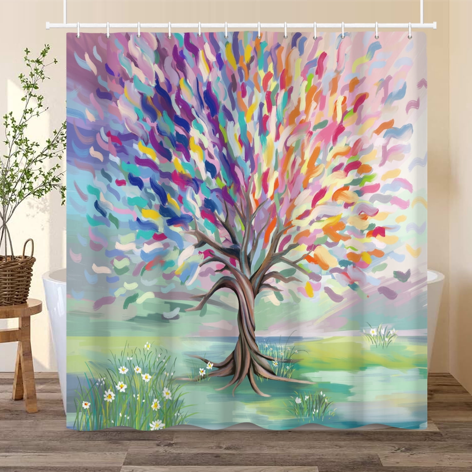 Fresh Spring Trees Watercolor Tree Shower Curtain Colorful Spring Bath Curtain with Hooks ...