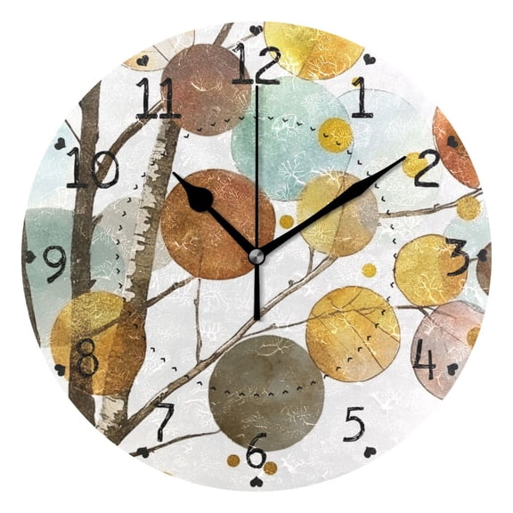 Watercolor Tree with Colorful Circles Round Wall Clock Silent Battery Operated Home Decor for Living Room Bedroom