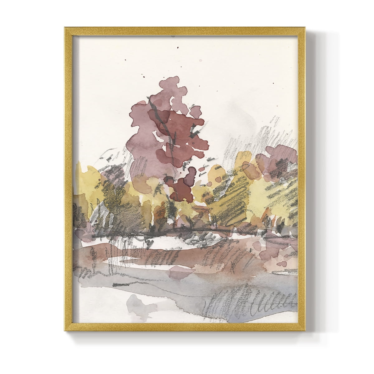 Watercolor Treeline Sketch I Framed Print in Gold Solid Wood 8 x 10 Framed Print