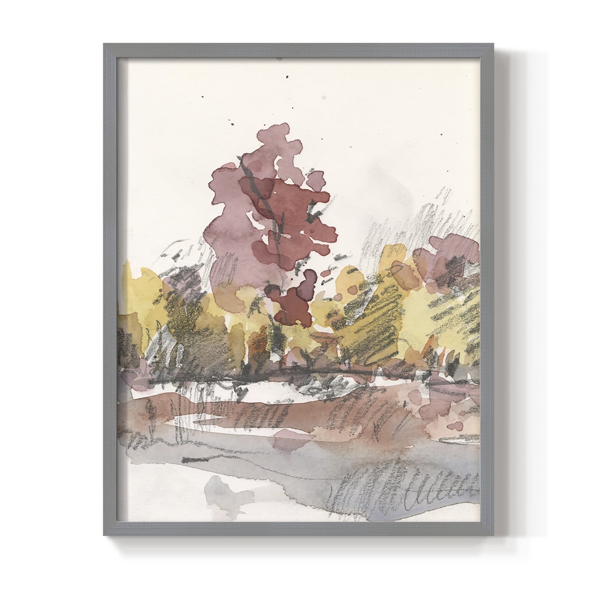 Watercolor Treeline Sketch I Framed Print in Gray Solid Wood 11 x 14 Framed Print