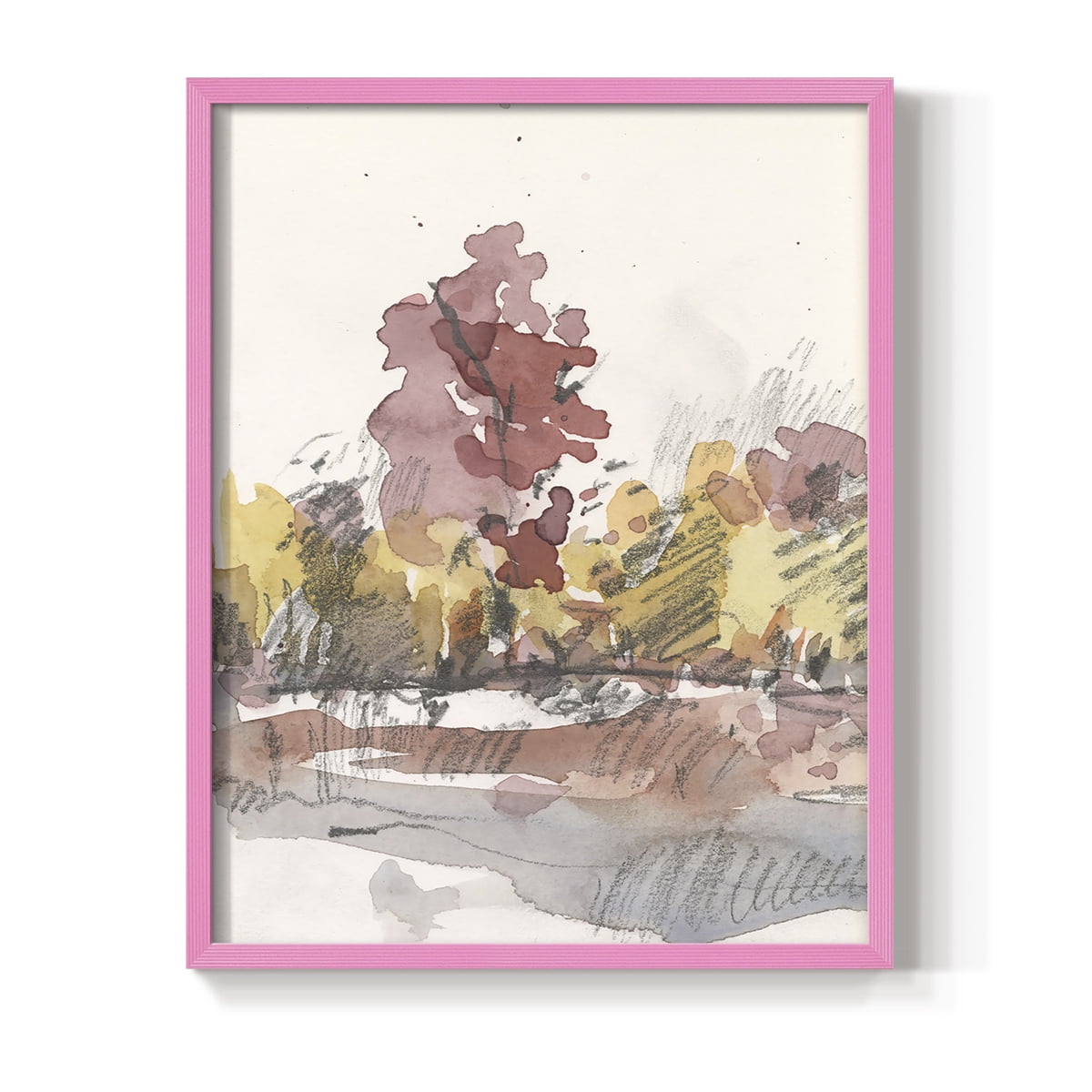 Watercolor Treeline Sketch I Framed Print in Pink Solid Wood 11 x 14 Framed Print