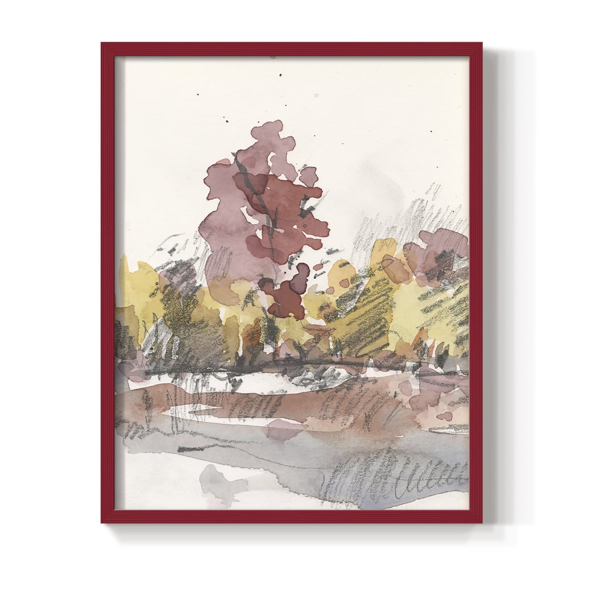 Watercolor Treeline Sketch I Framed Print in Red Solid Wood 11 x 14 Framed Print