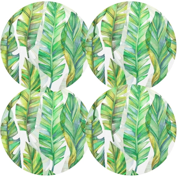 Watercolor Tropical Banana Leaf Round Place Mats Set of 4, Heat Stain Insulation Table Mats Non-Slip Grid Woven Placemats 15.4 Inch for Kitchen Dining Table Holiday
