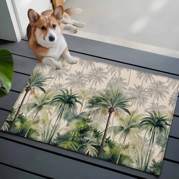 Watercolor Tropical Front Door Rugs 2x3 ft Palm Tree Monstera Illustration Linen Small Rug for Entryway Non Slip Washable Bathroom Door Mat Absorbent Floor Mat for Indoor Entrance
