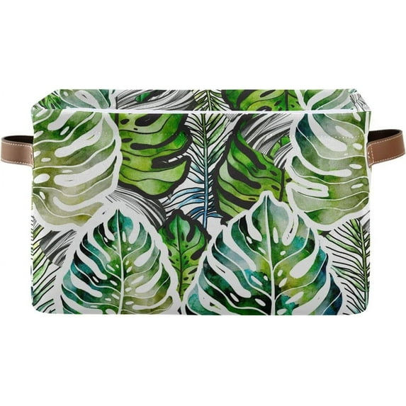 Watercolor Tropical Leaf Line Square Storage Basket Storage Bins Canvas Storage Organizer Closet Shelf Organizer for Home Office, 1 Pc