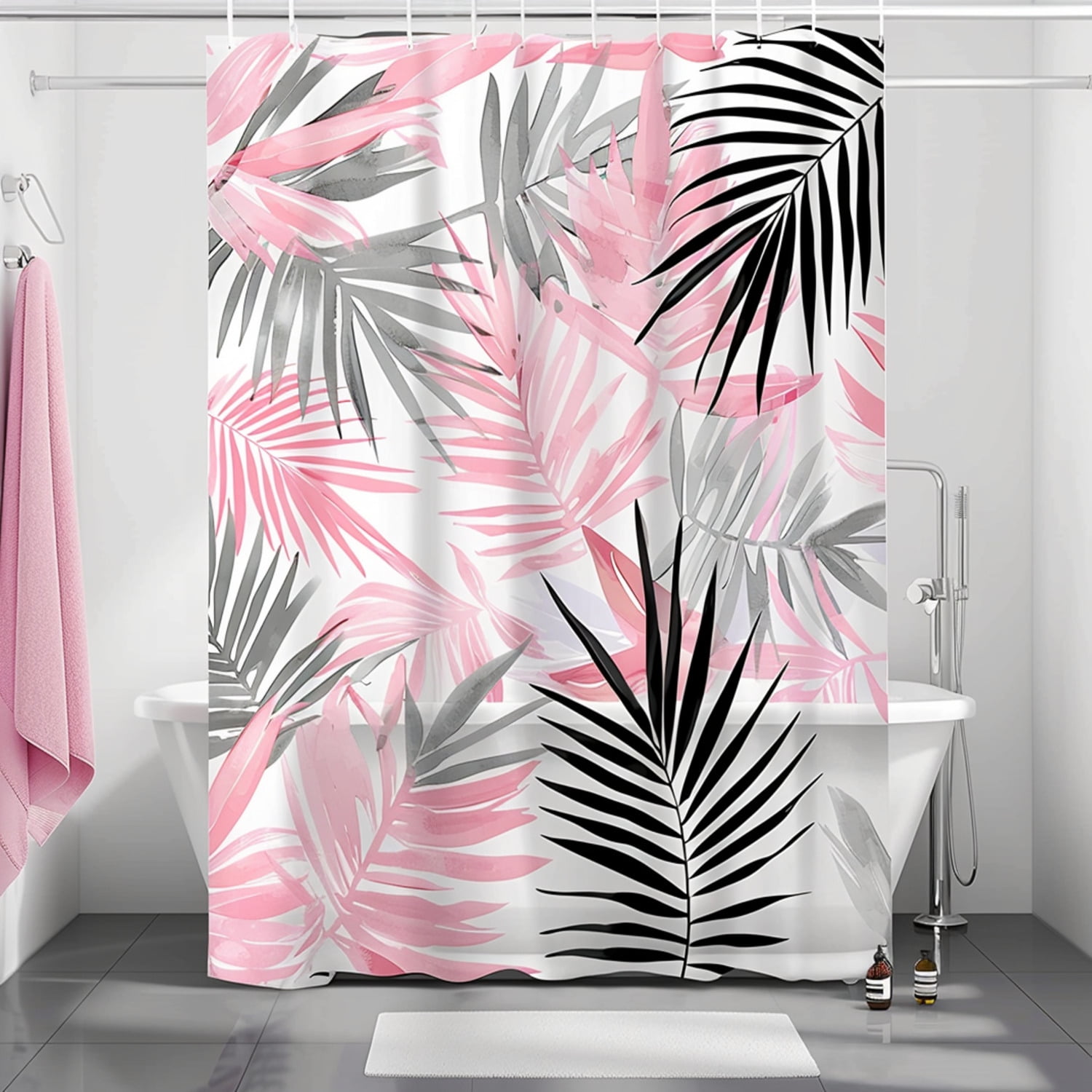 Watercolor Tropical Leaves Bathroom Decor Set with Pink Grey and White Palm Leaf Pattern 3D