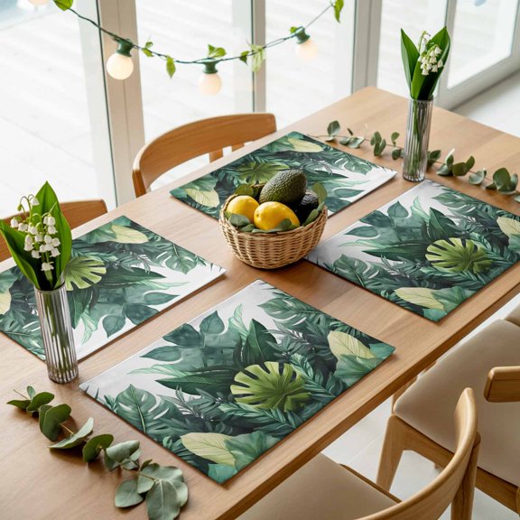 Watercolor Tropical Leaves Plant Placemats Set of 4,Wipeable Washable Table Mats for Dining Tables, Green Palm Leaf on White Place Mats for Kitchen Event Party Tabletop Decor