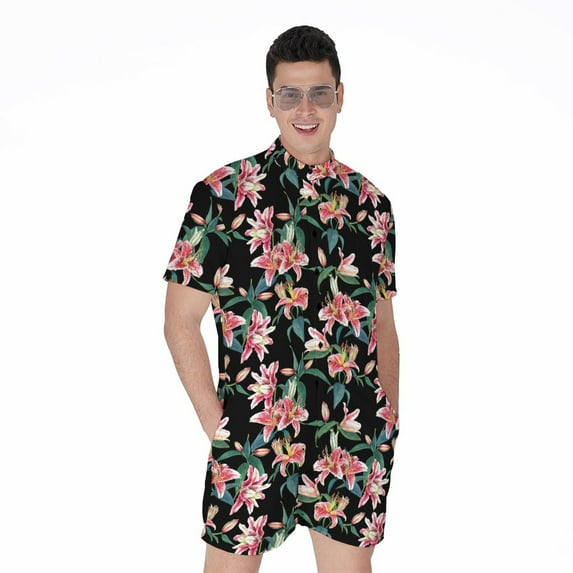Watercolor Tropical Lily Pattern Short Sleeve Men'S Rompers, Aloha Hawaiian Tropical Floral Plants Summer Casual Summer Jumpsuits Outfit