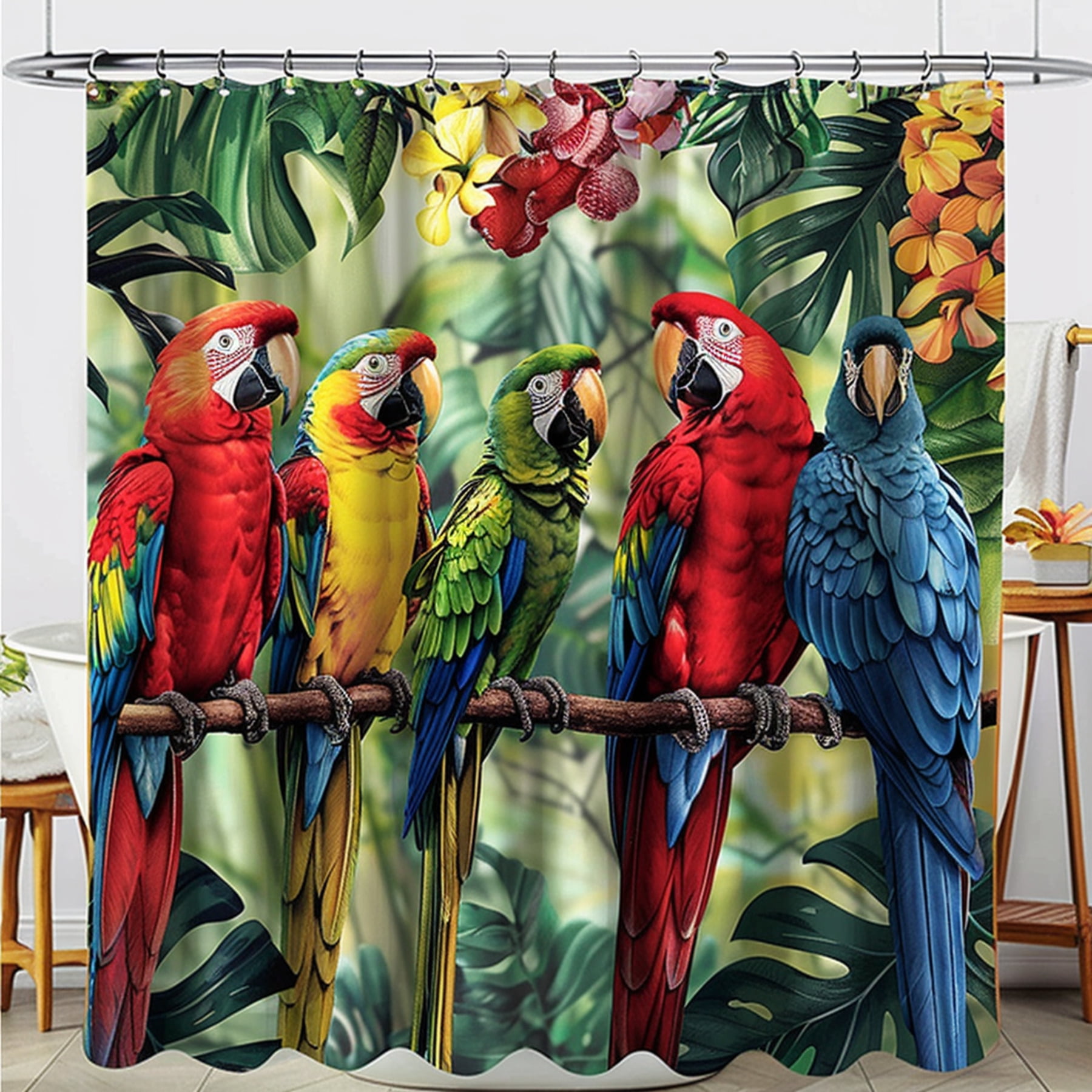 Watercolor Tropical Parrots Shower Curtain Vibrant Jungle Birds