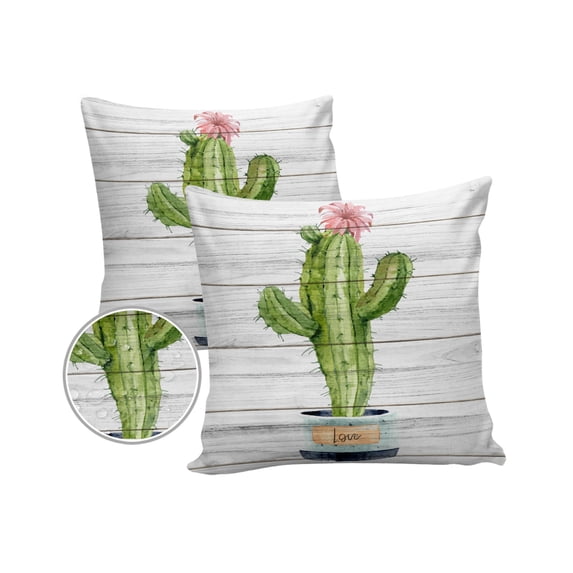 Watercolor Tropical Plant Cactus with Flower Outdoor Pillow Covers Set of 2, Decorative Waterproof Throw Pillow Case, Wooden Plank Cotton Linen Soft Cozy Cushion Pillowcases