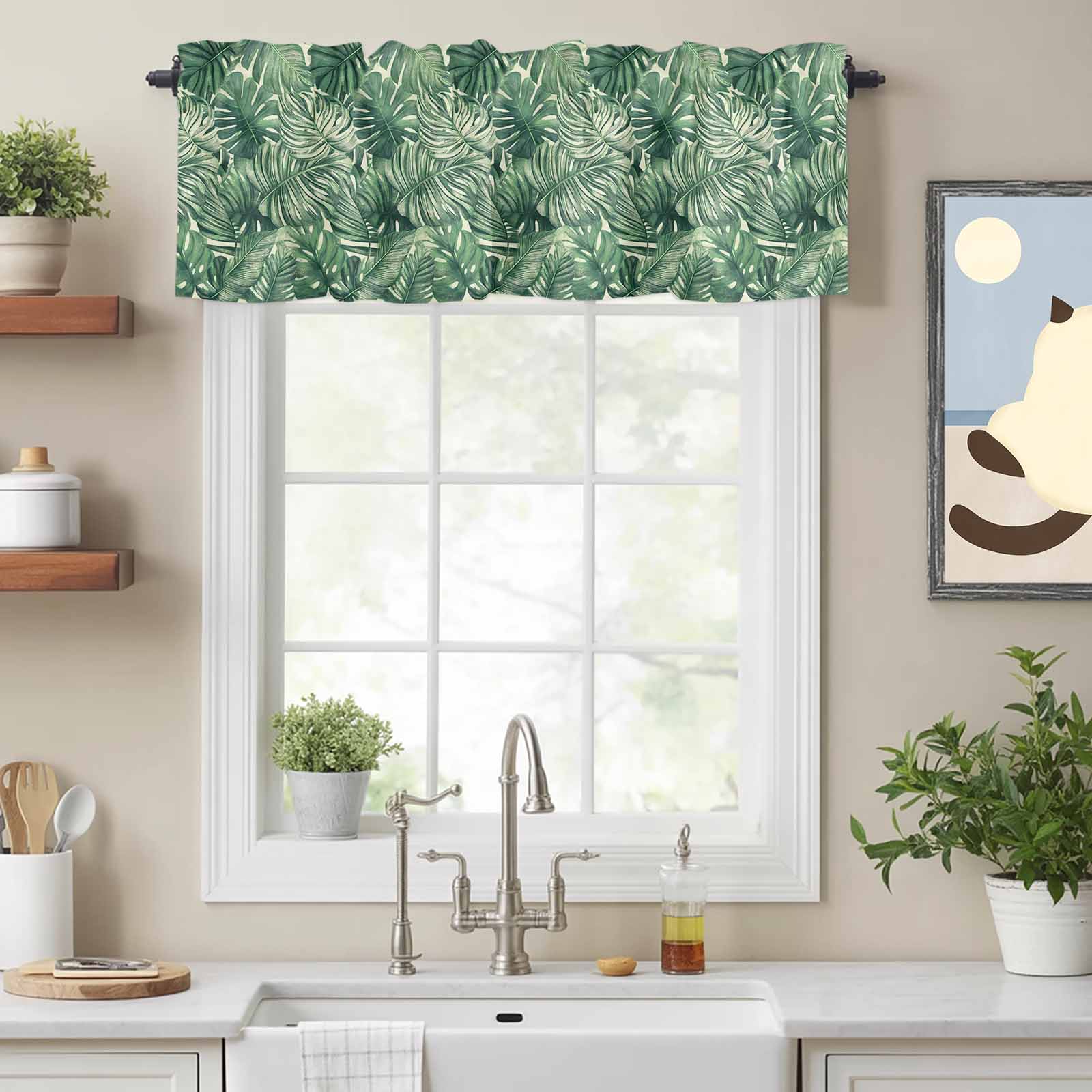 Watercolor Tropical Plant Leaf Valances for Windows,Kitchen Valance Rod ...