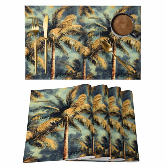 Watercolor Tropical Plant Palm Leaf Placemats Set of 6,Wipeable Washable Table Mats for Dining Tables, Summer Leaves Place Mats for Kitchen Event Party Tabletop Decor