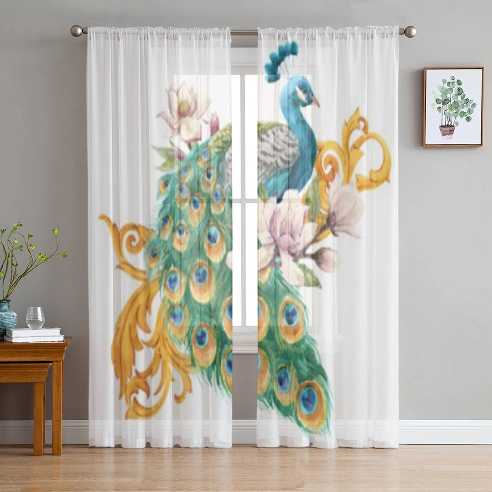 Watercolor Tropics Peacock Sheer Curtains for Living Room Transparent ...