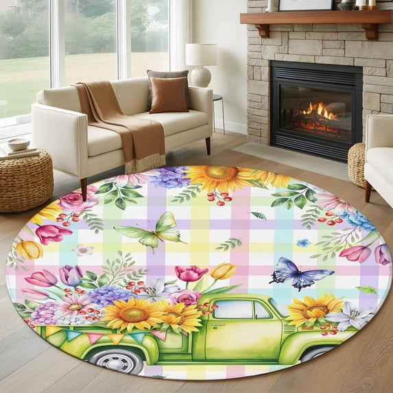 Watercolor Truck Flowers Round Area Rug 5Ft Washable Circle Rugs for Living Room Bedroom, Spring Butterflies Botanical Plaid Non-Slip Carpet Floor Mats Indoor Outdoor Carpet Runner Home Decor