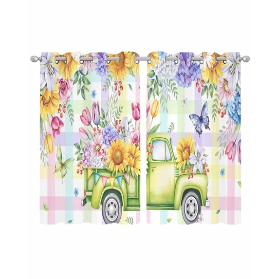 Watercolor Truck Flowers Sheer Curtains 39 Inch Length 2 Panels Set for Living Room/Bedroom, Spring Butterflies Botanical Plaid Kitchen Curtains Grommet Curtains Window Treatments 27.5"x39"x2