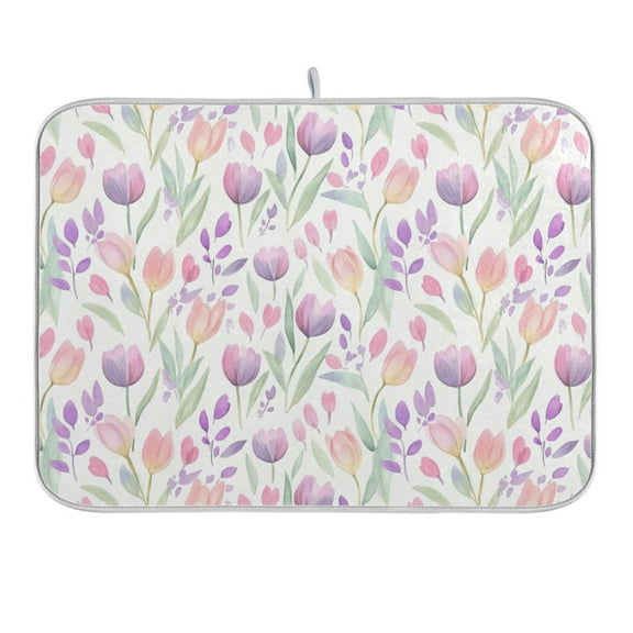 Watercolor Tulips and Berries Dish Drying Mat for Kitchen Counter 16x18 In Absorbent Microfiber Reversible Mats Dish Drainer Protector Rack Pad for Coffee Bar Table
