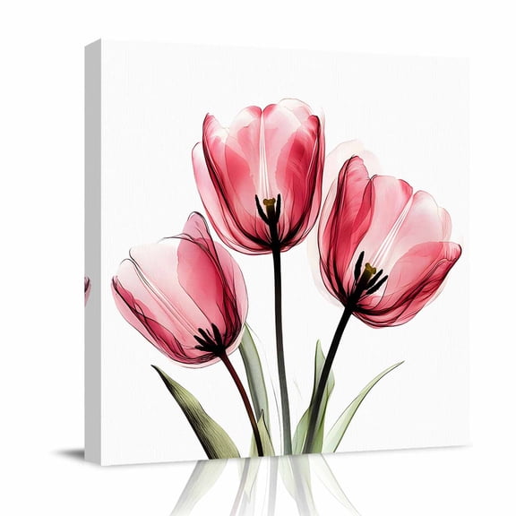 Watercolor Tulips Canvas Wall Art for Living Room, Pink Flower Poster Print Painting for Bedroom Office Home Decoration Wall Pictures Prepare To Hang 12"x12"