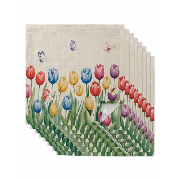 Watercolor Tulips Cloth Napkins Set of 8 Reusable Dinner Napkins, Spring Flowers Butterflies Leaves Beige Cocktail Napkin Washable Table Napkins for Wedding/Holiday Party/Baby Shower 20"x20"