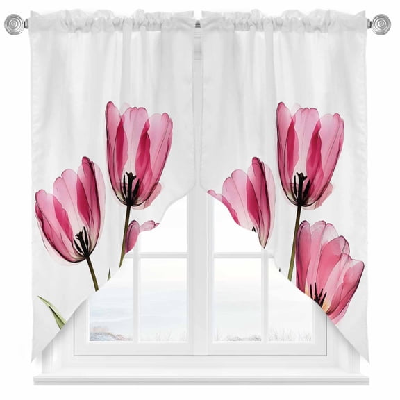 Watercolor Tulips Swag Curtain Valance for Windows, Countryside Flower Window Treatments Short Swag Topper for Kitchen Windows Bathroom Bedroom, 28"x36"