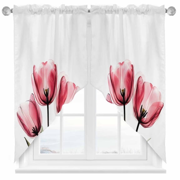 Watercolor Tulips Swag Curtain Valance for Windows, Pink Flower Window Treatments Short Swag Topper for Kitchen Windows Bathroom Bedroom, 36"x36"