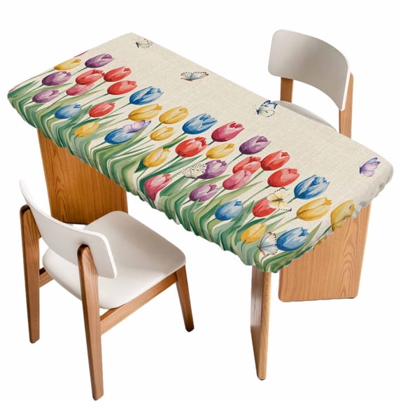 Watercolor Tulips Table Cloths for 6 Foot Rectangle Tables, Spring Flowers Butterflies Leaves Beige Patio Waterproof Elastic Fitted Tablecloths, Washable Rectangular Table Cover for Camping