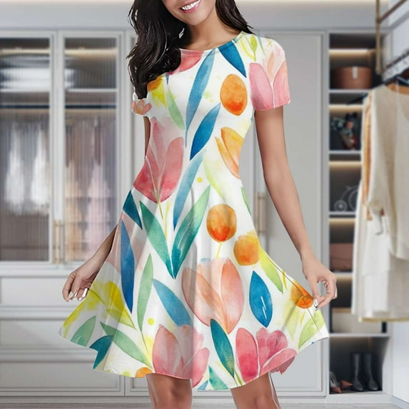 Watercolor Tulips Vibrant Spring Floral Art Women's Classic Swing Skater Dress Casual Work Party Cocktail Dresses