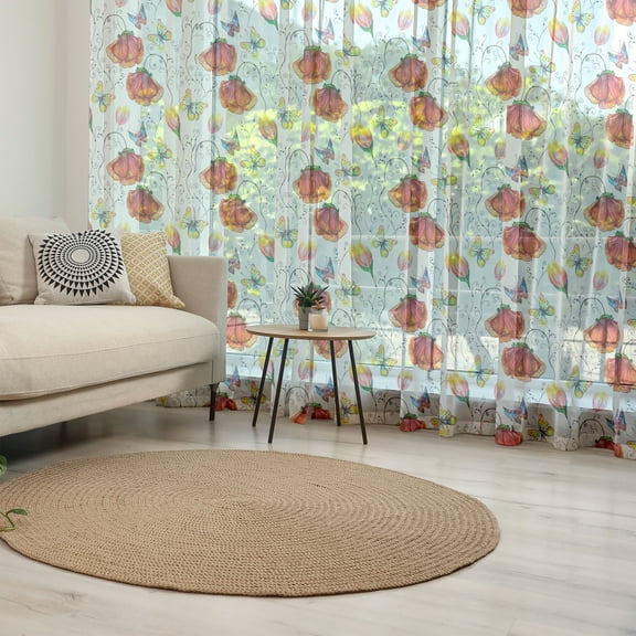 Watercolor Tulle Curtains with Rod Pocket, Doodle Drawing Style Natural Scene with Butterflies and Flowers Swirl Stripes, Sheer Drape for Wedding Party 2 Panels, 7 Sizes, Multicolor, by Ambesonne