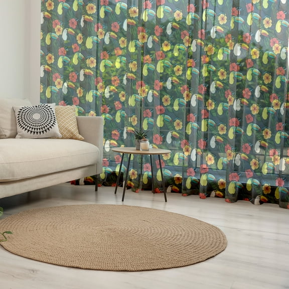 Watercolor Tulle Curtains with Rod Pocket, Toucan Birds and Hibiscus Flowers Tropical Exotic Hawaii Flora and Fauna Cartoon, Sheer Drape for Wedding Party 2 Panels, 7 Sizes, Multicolor, by Ambesonne