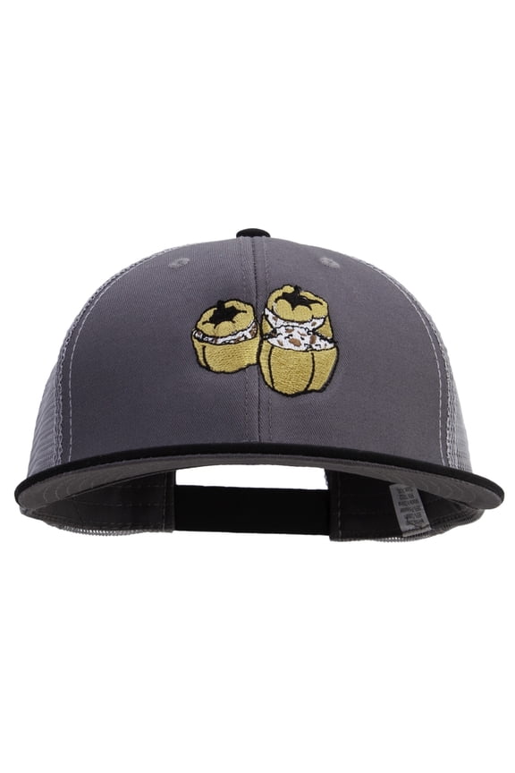 Watercolor Turkish Food Embroidered Big Size Premium Flat Bill Trucker Cap - Black Charcoal XL-3XL