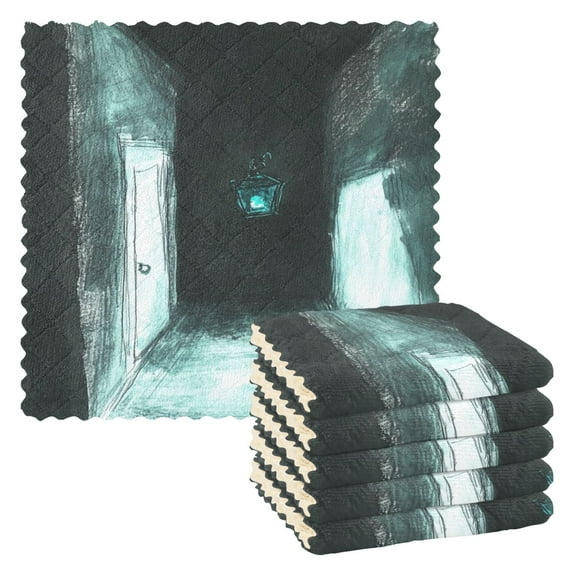 Watercolor Turquoise Lantern 6 Pack Kitchen Cleaning Cloths 11'' x 11'', Super Absorbent, Soft Double Layer Plush for Dish and Surface Cleaning