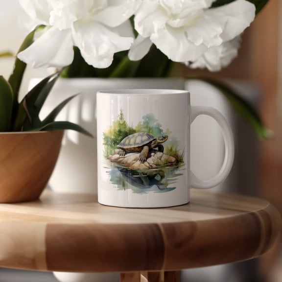 Watercolor Turtle Ceramic Mug, Turtle Pond Coffee Cup, Turtle on k Tea Cup, Turtle Lover Gift Mug, Cute Turtle Mug Present, & oz.