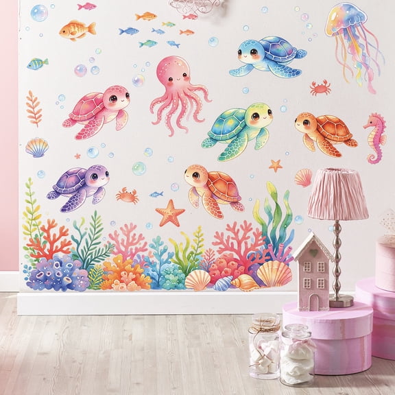 Watercolor Turtle Coral Wall Sticker - Ocean-Themed Decor for Living Room and Bathroom