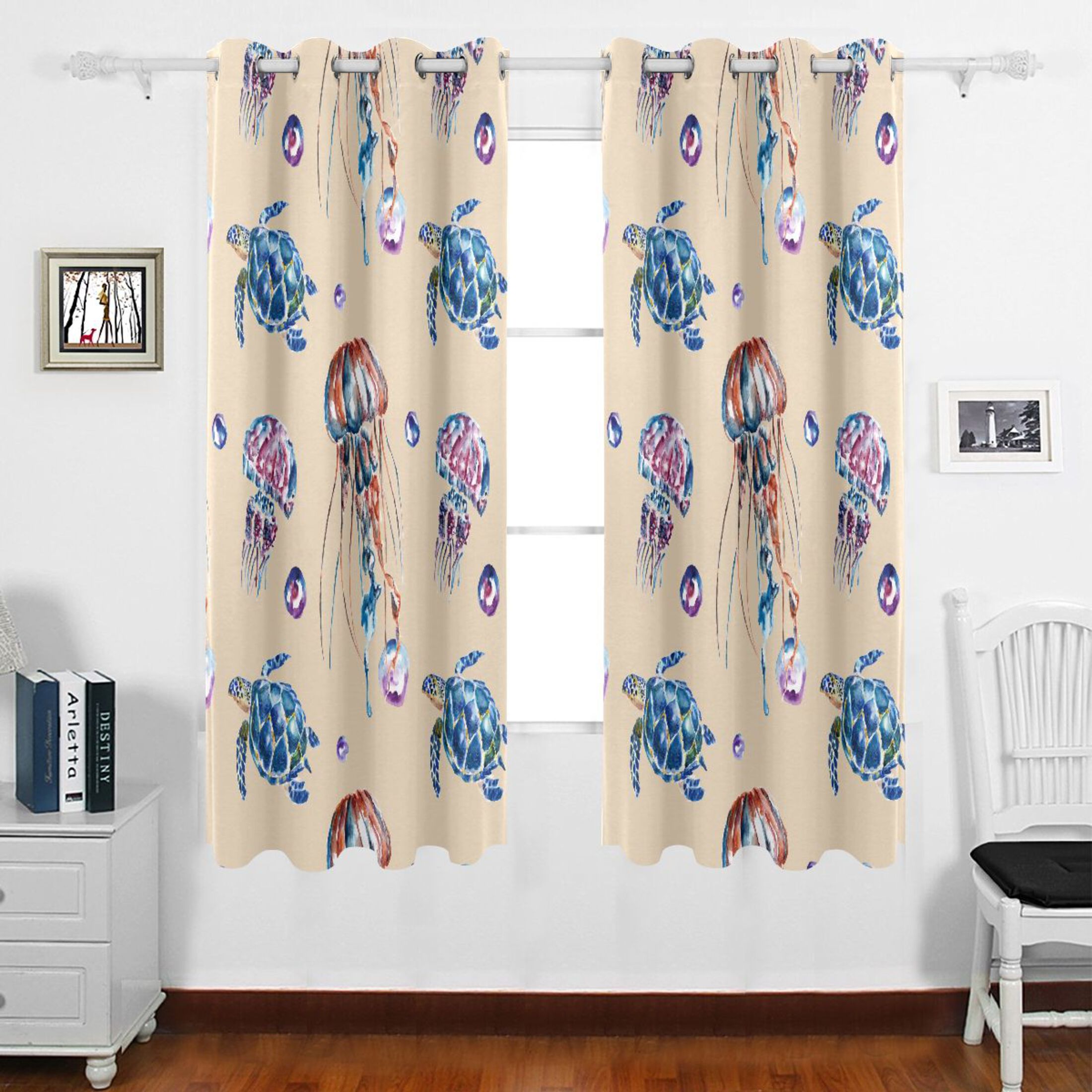 Watercolor Turtle Jellyfish Grommet Blackout Curtains Thermal Insulated