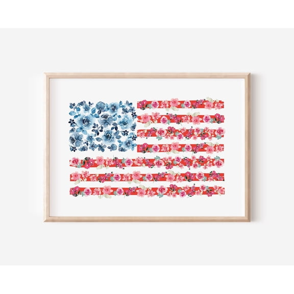 Watercolor USA Flag Print, Floral American Flag Wall Art, We The People Home Decor, Stars and Stripes Flower Painting, Girly Patriotic Art, Poster Only