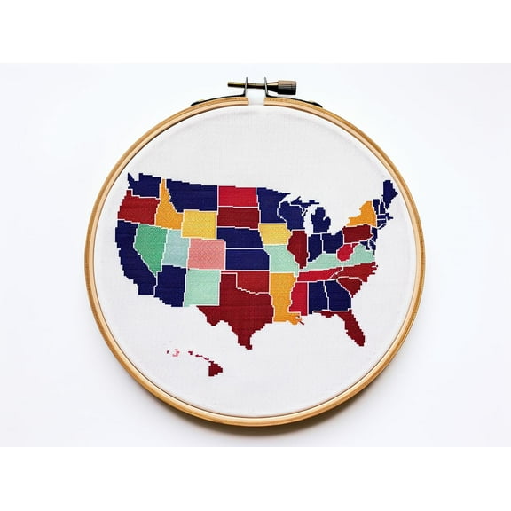 Watercolor USA Map DIY Stamped Cross Stitch Kits for Beginners Easy with Hoop 11CT Needlepoint Embroidery Counted Cross Stitch Kits Art Craft Wall Decoration 30x30cm(1)