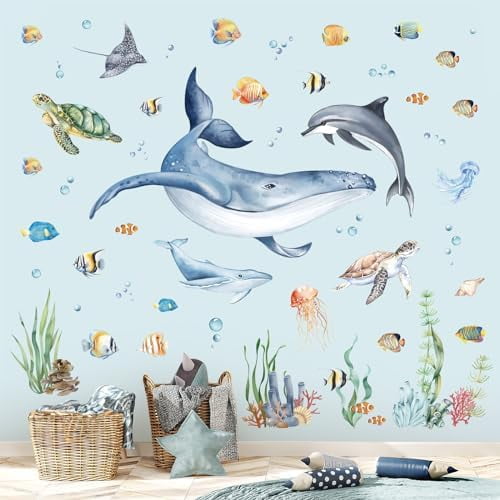 Watercolor Under The Sea Whale Wall Stickers Ocean Fish Sea Turtle Seaweed Underwater Wall Decals Bathroom Baby Nursery Bedroom Wall Decor