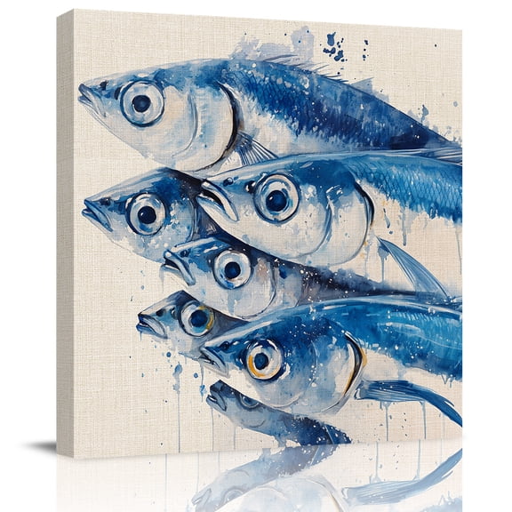 Watercolor Underwater Fish on Vintage Linen Canvas Artwork Painting Art, Coastal Ocean Life Square Framed Wall Decorations Prints Picture for Bedroom Kitchen Living Room, 8x8 in