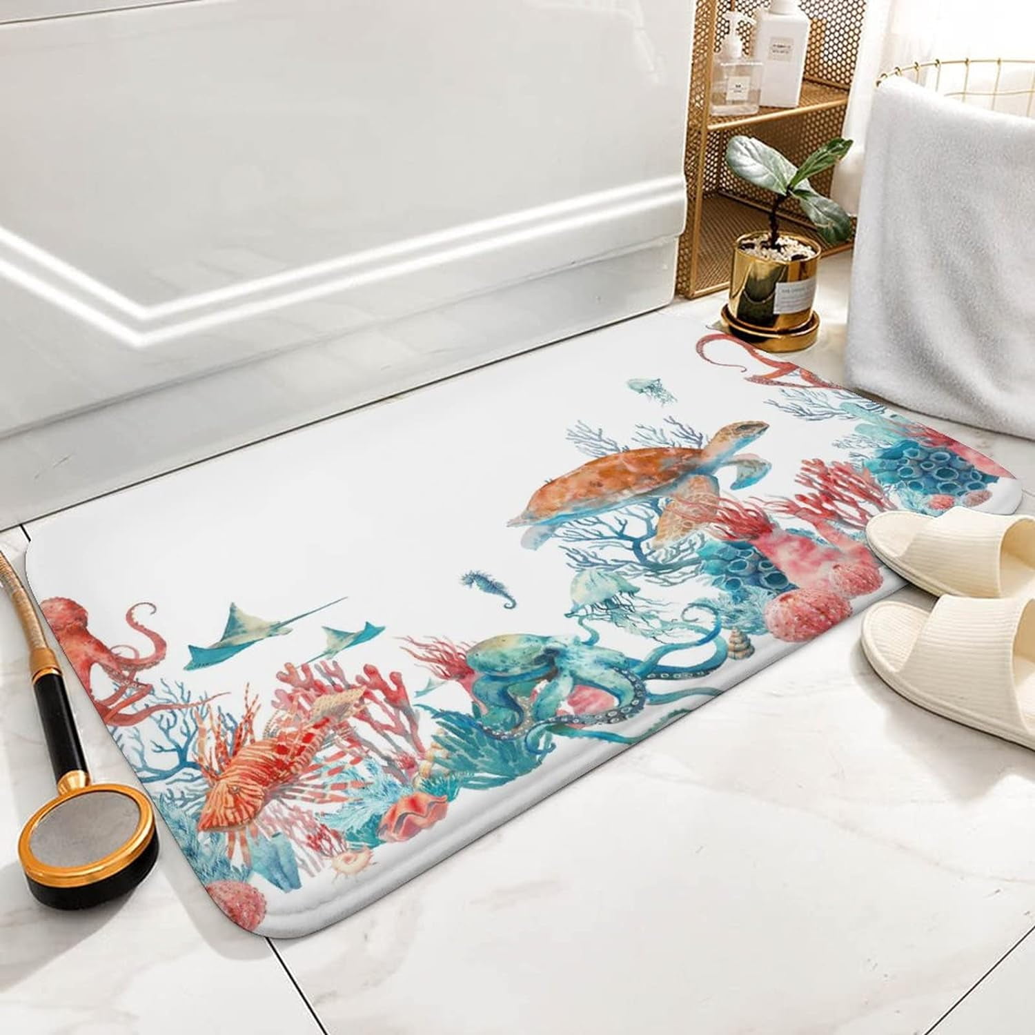 Watercolor Underwater Fishes Turtle Octopus Bath Mats NonSlip