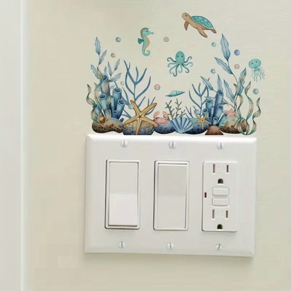Watercolor Underwater World Switch Sticker Self-Adhesive PVC Decal Seahorse Turtle Coral Reef Design for Home Bathroom Classroom Light Switch Cover Decor