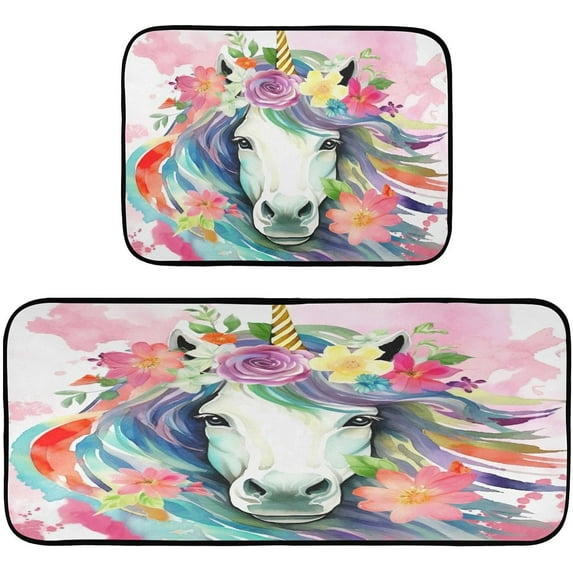 Watercolor Unicorn Anti Fatigue Mats for Kitchen Floor,Set of 2 Non Skid Washable Waterproof Anti Kitchen Floor Mats for Kitchen Office Laundry Room Bathroom (19"x27"+19"x47") Home Decor