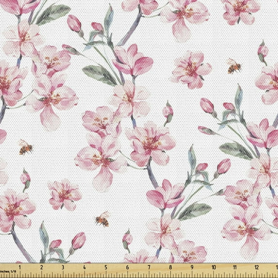 Ambesonne Watercolor Fabric by the Yard Upholstery, Sakura Cherry Garden, 2 Yards, Reseda Green Pale Pink