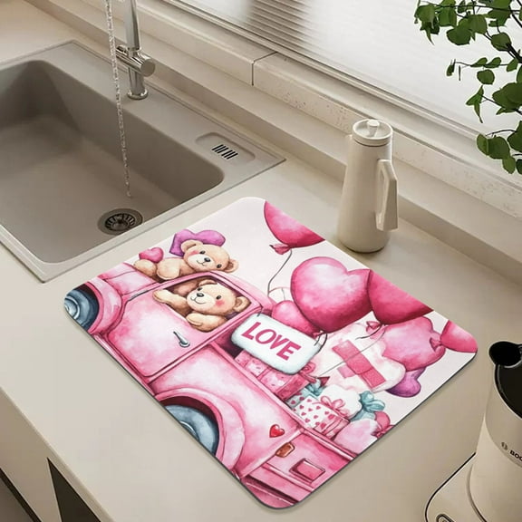 Watercolor Valentine's Day Bear Dish Drying Mat for Kitchen Counter Absorbent Drainer Mats (15.7X11.8Inch)
