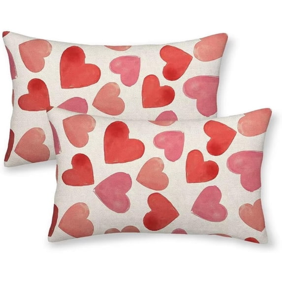 Watercolor Valentines Pillow Covers 12X20 Inch Pack of 2, Pink Love Heart Holiday Decorative Throw Pillow Linen Valentine'' Day Pillow Cases Cushion for Bedroom Home Sofa