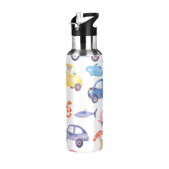 Watercolor Vehicles Fishes Starfishes Sports Bottle with Straw Stainless Steel Water Jug Portable Thermal Cup Leak-proof 1000ML