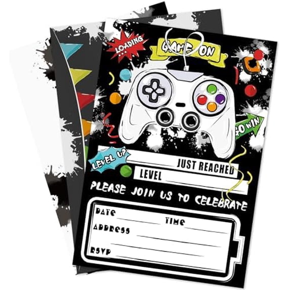 Watercolor Video Game Party Invites - 20 Set Fill-in Invitations with Envelopes for Boys Game Theme Birthday Party Supplies Double-Sided Printed Invitation Cards