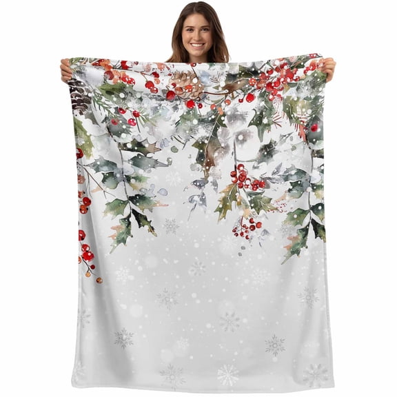 Watercolor Vintage Christmas Branch Throw Blankets, Winter Holly Berry Soft Fleece Blanket Decorative for Home Sofa Couch Chair Living Bedroom, 60x80 inches,