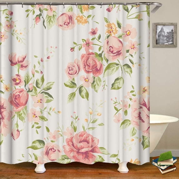 Watercolor Vintage Floral Shower Curtain, Blush Pink Peach Rose Blossom, 72 x 72 Inches Polyester Fabric Valentines Day Bathroom Decor Set with 12 Hooks