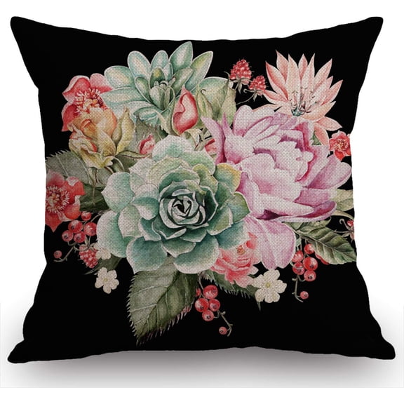 Watercolor Vintage Rose Decorative Throw Pillow Cover Case, Peony Succulents Cotton Linen Outdoor Pillow Cases Square Standard Cushion Covers for Sofa Couch Bed Car 18x18 inch