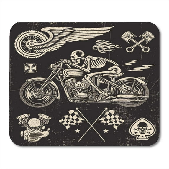 Watercolor Vintage Scratchboard Motorcycle Race Skull Skeleton Hand Moto Drawn Mousepad Mouse Pad Mouse Mat 9x10 inch